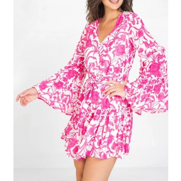 Flying Tomato Dresses & Skirts - Flying Tomato Pink White Floral Bell Sleeve Tiered Mini Dress ID17931 Womens L